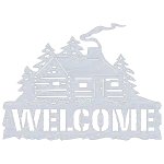 Aluminum wall sign featuring a detailed log cabin with smoke rising from the chimney, surrounded by pine trees. The word 'WELCOME' is prominently cut out at the bottom, with a rugged, rustic design. Displayed on a black background, highlighting the silver metallic finish and intricate cutouts.